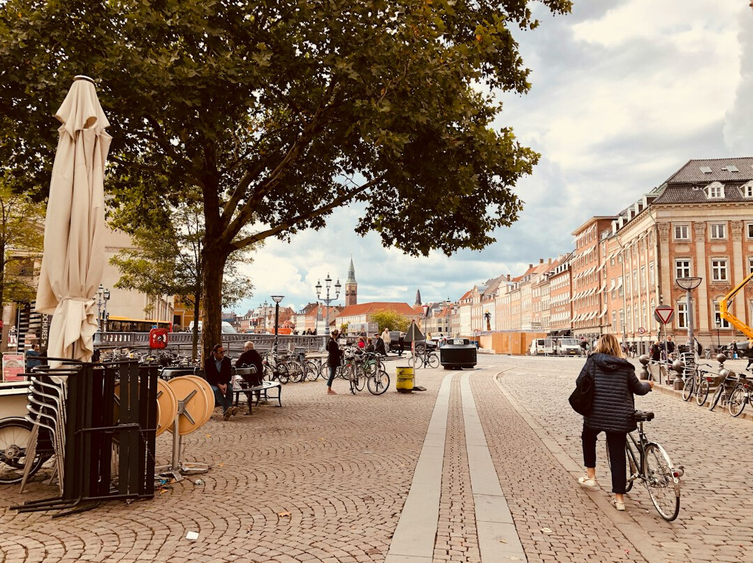 Cyclist riding through a cobbled Copenhagen street